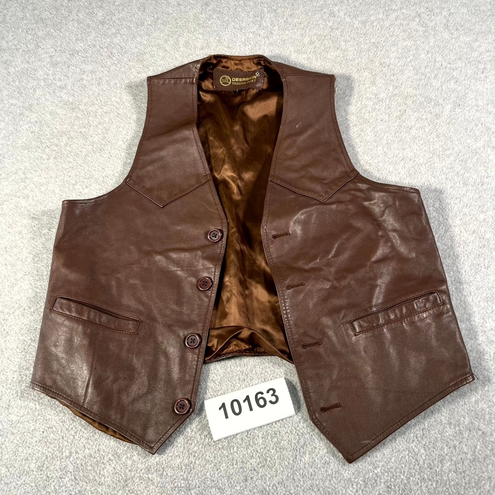Vintage Deerskin Trading Post Leather Vest Mens Large Brown Lined Button Front